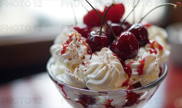 Sundae topped with cherries and whipped cream, closeup view, selective focus AI generated