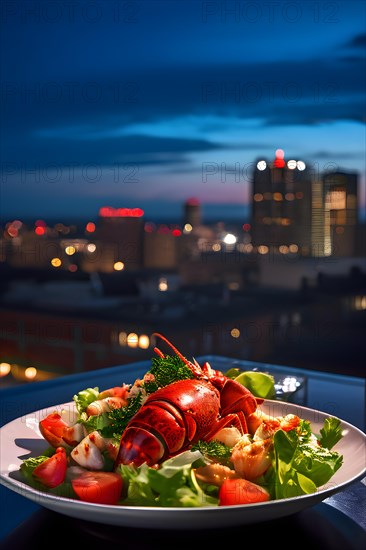 Gourmet lobster salad on a rooftop restaurant table city skyline backdrop, AI generated