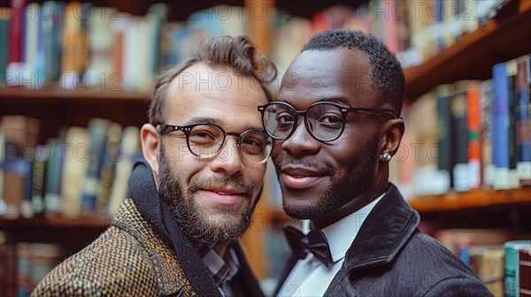 Two joyful friends in formal wear and glasses sharing a close moment among library books in a bookshop, AI generated