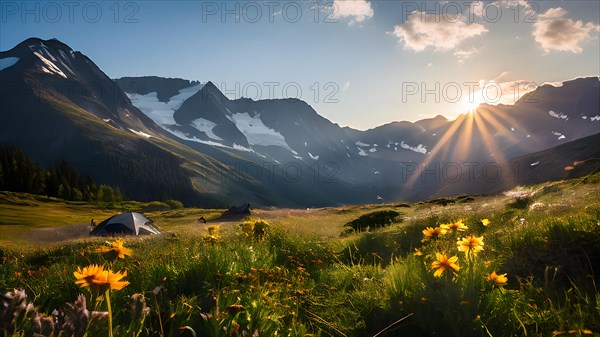 Alpine meadow campsite with wildflowers in full bloom, AI generated