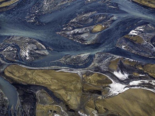 Overgrown river landscape, Eldhraun, near Kirkjubaejarklaustur, drone image, Sudurland, Iceland, Europe