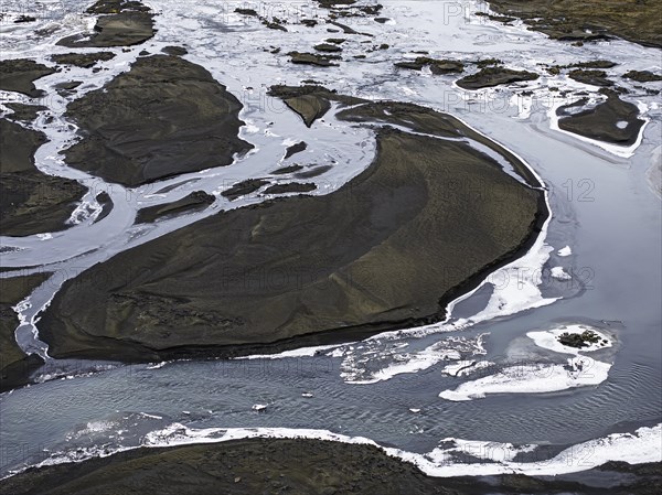 Overgrown river landscape, Fjallabak Nature Reserve, drone shot, Sudurland, Iceland, Europe