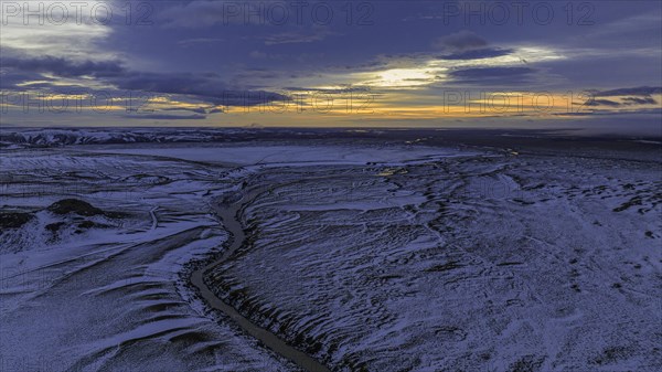 Overgrown river landscape, onset of winter, sunset, Fjallabak Nature Reserve, drone shot, Sudurland, Iceland, Europe