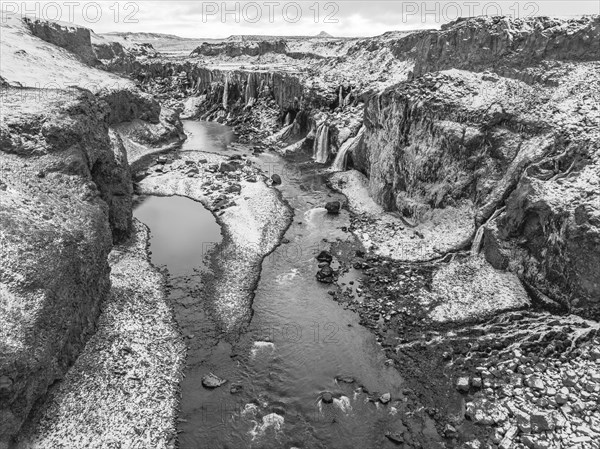 Hrauneyjarfoss waterfalls, drone image, black and white image, Sudurland, Iceland, Europe