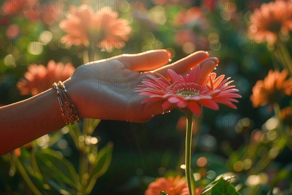 A hand gently touching a daisy flower under the warm sunset light, connecting with nature, AI generated