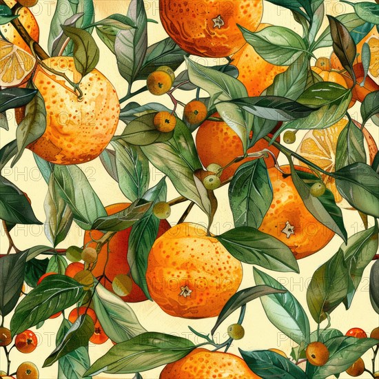 Watercolor seamless pattern with detailed oranges and fruits in a rich and vibrant arrangement AI generated