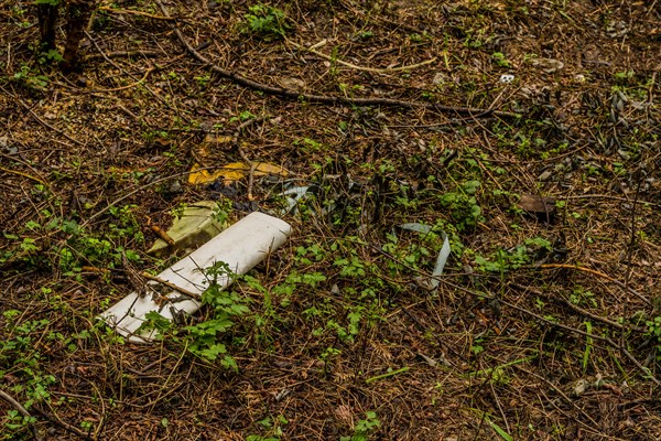 Discarded white plastic container on a forest floor indicating environmental pollution, in South Korea