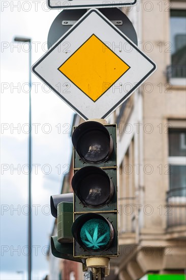 Traffic lights with cannabis leaf and right of way sign in Aachen, Germany, Europe