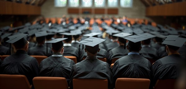 A group of students wearing graduation caps attending a ceremony, AI generated