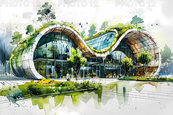 Futuristic eco-friendly office building illustration with greenery and organic shapes, illustration, AI generated
