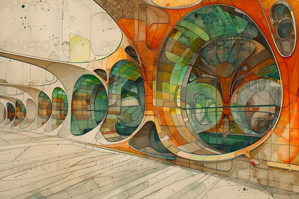 Futuristic interior architecture with flowing curves in an abstract and conceptual style, illustration, AI generated