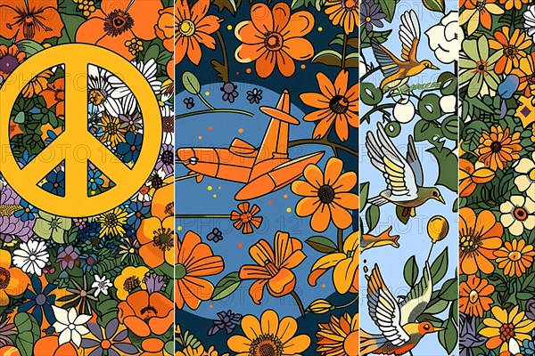 An artistic illustration featuring a peace symbol with vibrant orange flowers and birds, illustration, AI generated