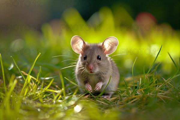 Cute mouse with large ears, exploring the vibrant green grass on a sunny day, AI generated