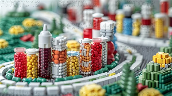 A creative cityscape model made with colorful medication and pill containers, AI generated