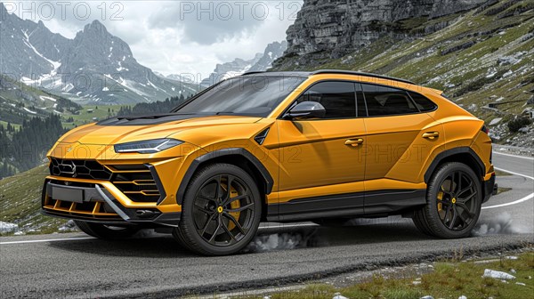 Yellow luxury SUV driving on a mountain road with dramatic backdrop, AI generated