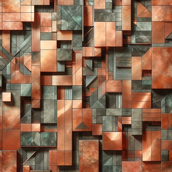 Copper and orange geometric shapes with reflective surfaces creating an abstract sense of depth, AI generated