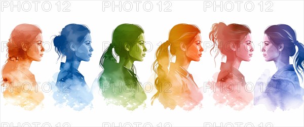 A sequence of women's profiles in a serene watercolor gradient from light to dark blue, with a sense of peace, banner 3:1 wide style, horizontal aspect ratio, AI generated