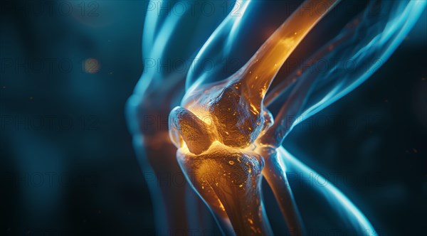 Digital illustration of a glowing knee joint with orange and blue light elements, ai generated, AI generated