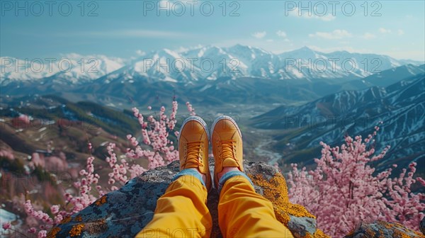A traveler rests high above, with feet clad in bright yellow against a backdrop of spring mountains, AI generated
