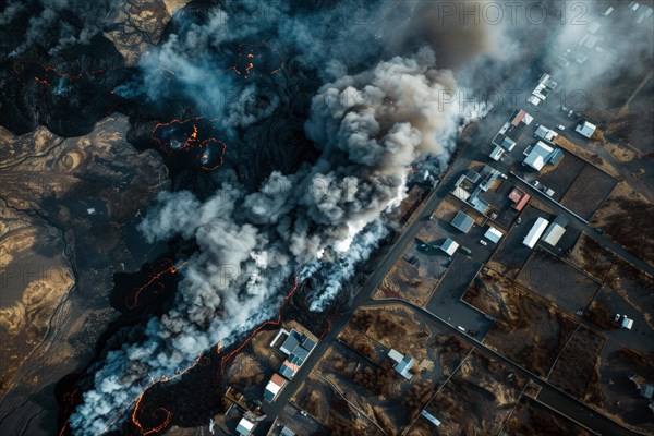 Drone image, aerial image, of a lava flow entering a settlement area after a volcanic eruption and destroying the infrastructure, symbolic image for natural disasters, AI generated, AI generated, AI generated