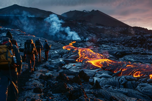 Tourists, hiking group, expedition, onlookers on the way to an active volcano, surrounded by hot, partially cooled lava flows, symbolic image for volcano tourism, disaster tourism, travel trends and the associated dangers, AI generated, AI generated, AI generated