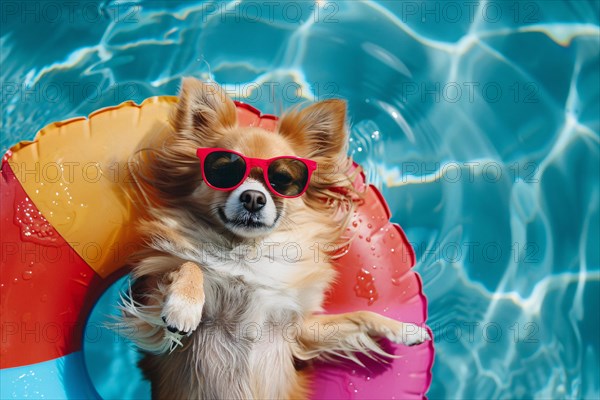 Cute Pomeranian dog with red sunglasses lying in floating tire in swimming pool water. KI generiert, generiert, AI generated