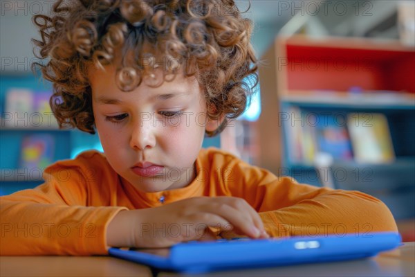 A pre-school boy sits in a classroom and looks listlessly at a digital tablet, symbol image, digital teaching, learning environment, media skills, eLearning, media education, AI generated, AI generated, AI generated
