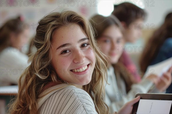 A schoolgirl, teenager sits in the classroom with a digital tablet and looks into the camera, symbol image, digital teaching, learning environment, media skills, eLearning, media education, AI generated, AI generated, AI generated