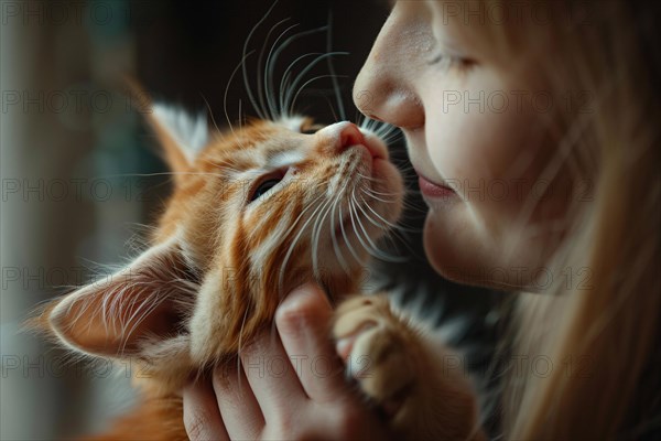 Woman cuddling with young pet cat. KI generiert, generiert, KI generiert, generiert, AI generated