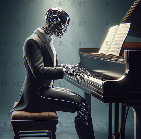 A humanoid robot sits at a grand piano in a concert hall and plays classical music, symbolic image cybernetics, science fiction, technology, art AI generated, AI generated