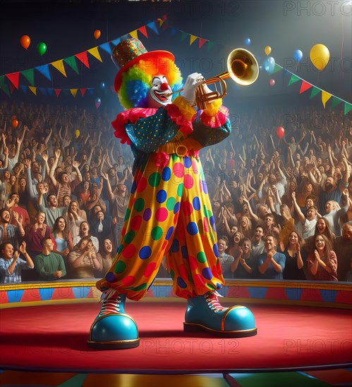 A clown, a musical clown, in mask and costume plays the trumpet in the ring of a circus, AI generated, AI generated