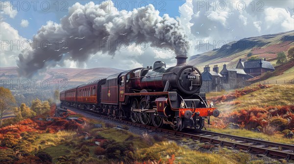 Steam engine travels through autumn landscape with orange foliage under a cloudy sky, ai generated, AI generated
