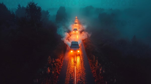 A car driving down a foggy road with headlights glowing in the eerie atmosphere, adventure travel 4x4 photography, AI generated