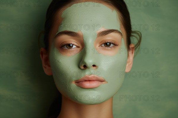 Face of young woman with green Matcha tea face mask. KI generiert, generiert, AI generated