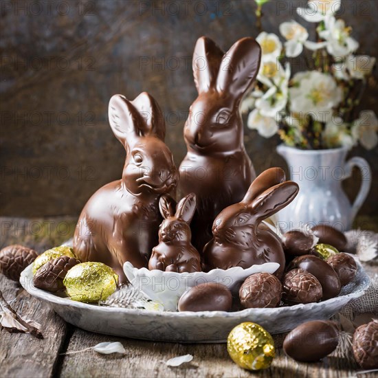 Various chocolate bunnies with golden eggs on a plate, garnished with white flowers, symbolising Easter, AI generated, AI generated