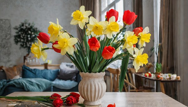 A large bouquet of yellow daffodils and red tulips in a vase stands on the table in the flat, AI generated, AI generated