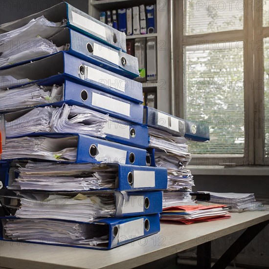 Stacked folders and piles of paper in a bright study, symbolism bureaucracy, AI generated, AI generated