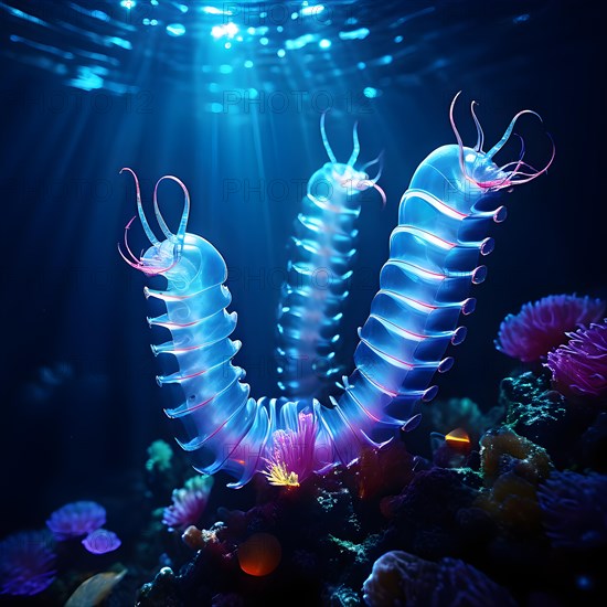 Bristle worms bioluminescent bodies floating in deep ocean, AI generated, deep sea, fish, squid, bioluminescent, glowing, light, water, ocean