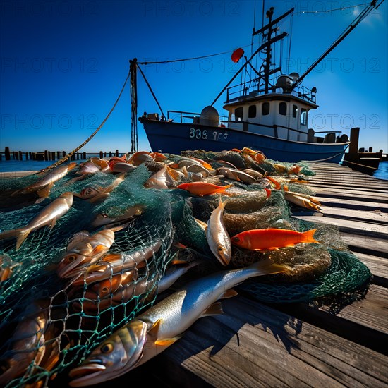 Commercial fishing net cascading onto the dock overflowing with caught shrimp fish and incidentally bycatch, AI generated, deep sea, fish, squid, bioluminescent, glowing, light, water, ocean