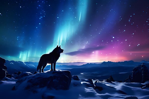 Lone wolf silhouette perches on a snow clad ridge inviting the illustrious display of aurora borealis, AI generated