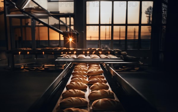 Bread production on a conveyor belt, revenue from organic bread at the factory, AI generated