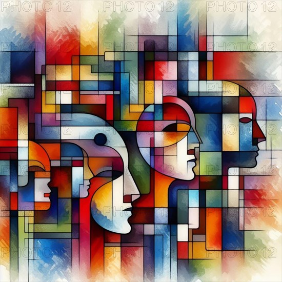 Abstract artwork with multiple colorful geometric faces, square aspect, AI generated