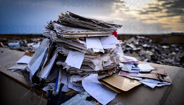 Pile of documents outdoors with a dramatic sky in the background, icon bureaucracy, AI generated, AI generated