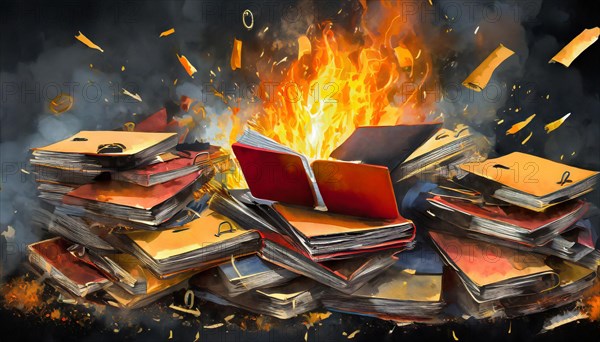 Illustration of burning books, flames surround the stacks of books, symbol bureaucracy, AI generated, AI generated