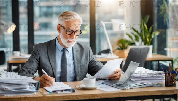 A businessman organises papers at his desk with a coffee cup, symbol bureaucracy, AI generated, AI generated