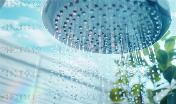Water cascades from a modern shower head with a cool blue tone AI generated