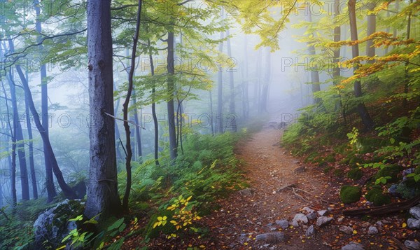 A tranquil forest trail with green and yellow foliage in a misty, atmospheric setting AI generated