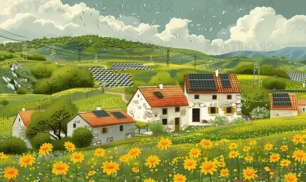 Rural landscape with houses sporting solar panels amidst fields, hills, and blooming flowers AI generated