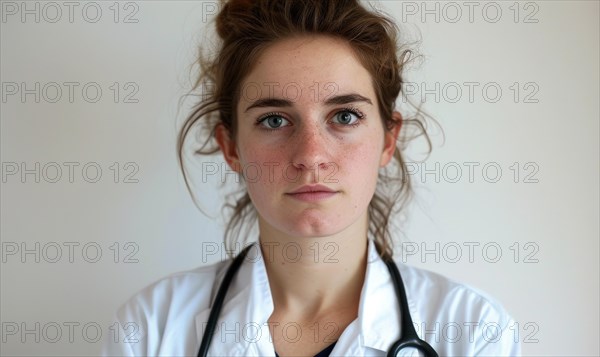 A determined young woman in medical attire poses seriously before a white wall AI generated
