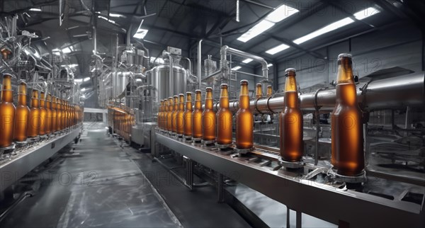 Beer production at the factory, conveyor belt with bottles of beer, AI generated